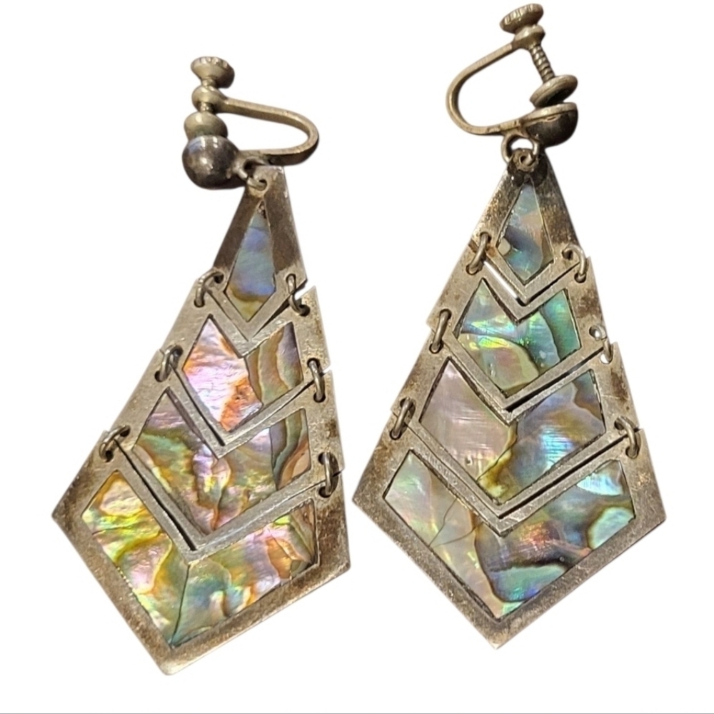 Vintage Mexico Sterling Silver & Abalone Shell Dangle Screwback Earrings